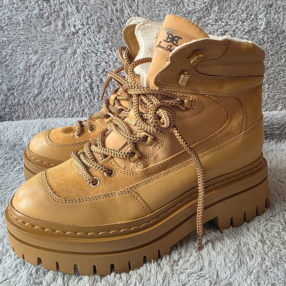 Sam Edelman Kace Platform Hiker Boots Lug Sole Leather Lace Up Honey Tan 8.5 NEW